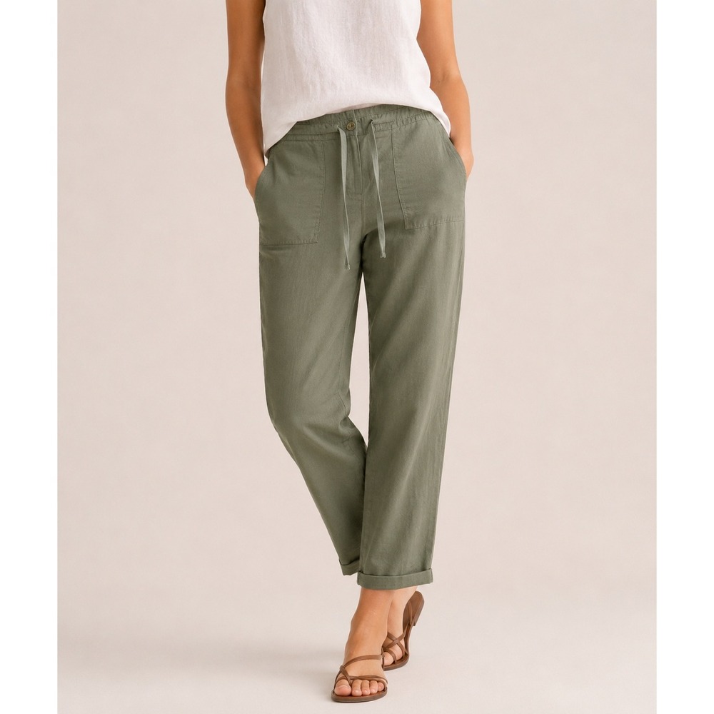 Talbots Signature Linen Blend Drawstring Crop Pants Olive Green Womens 8 Utility